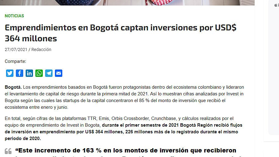 Emprendimientos en Bogot captan inversiones por USD$ 364 millones